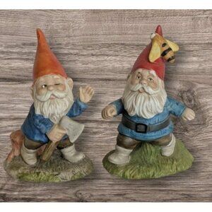 70s Enesco Gnomes 2 Figurines Beekeeper Ax Woodsman 1979 Vtg Cottagecore Elf Set